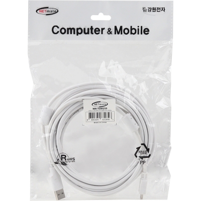 강원전자 넷메이트 USB2.0 AM-Mini 5핀 케이블 5m (화이트/24AWG/노이즈필터) NM-TUM250
